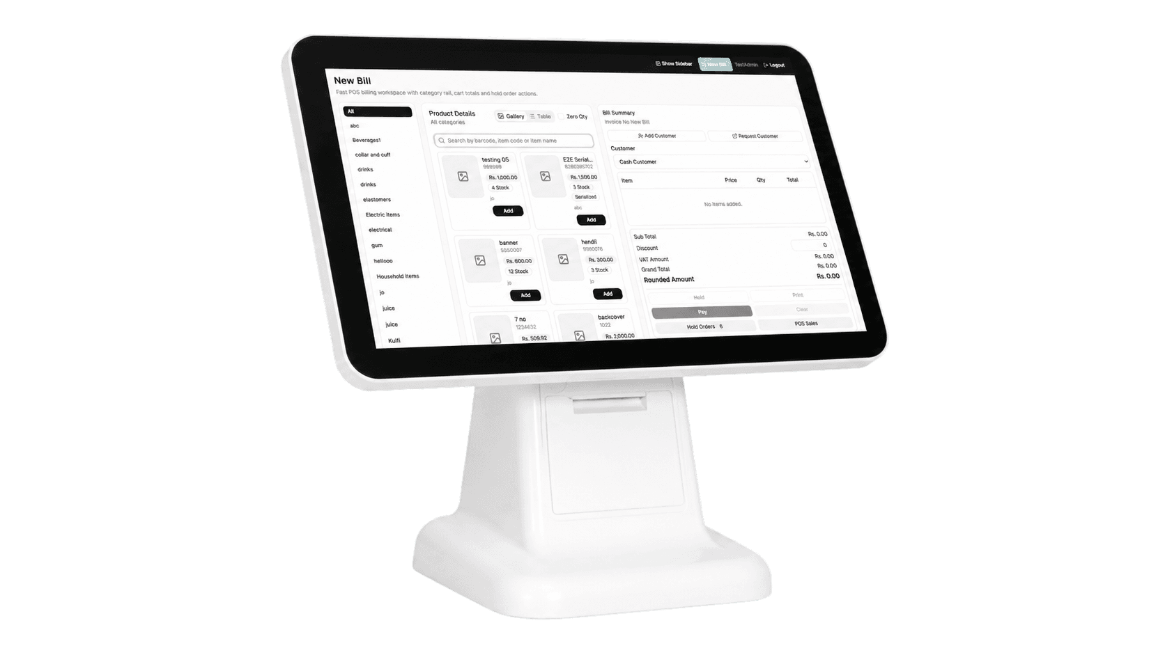 RetailerPOS terminal showing the New Bill checkout interface